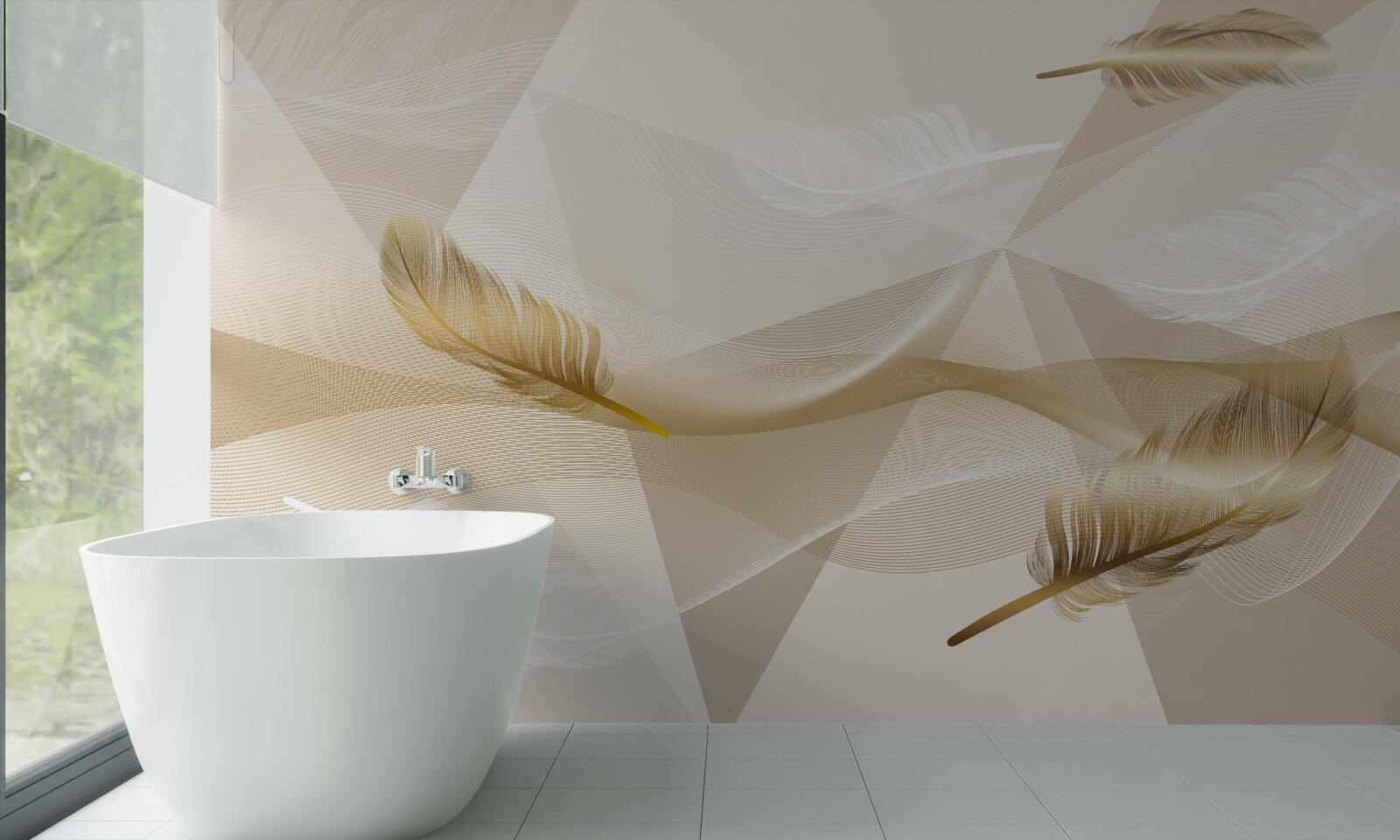 Fotobehang vliegende veren en geometrische vormen