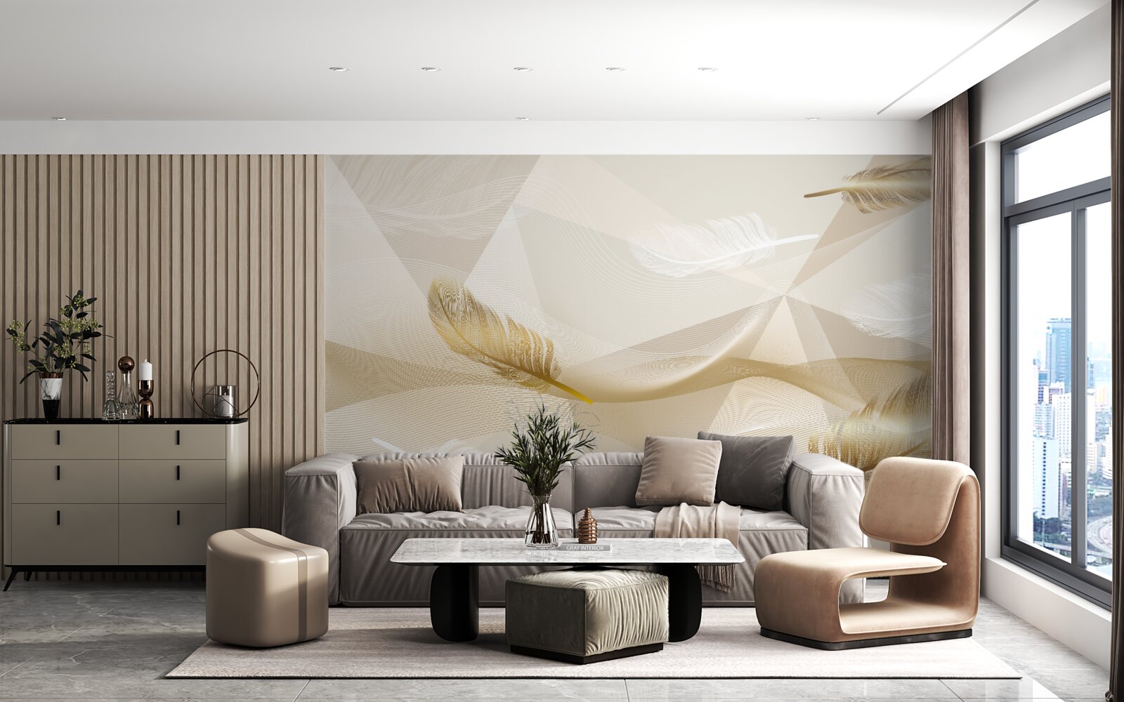 Fotobehang vliegende veren en geometrische vormen