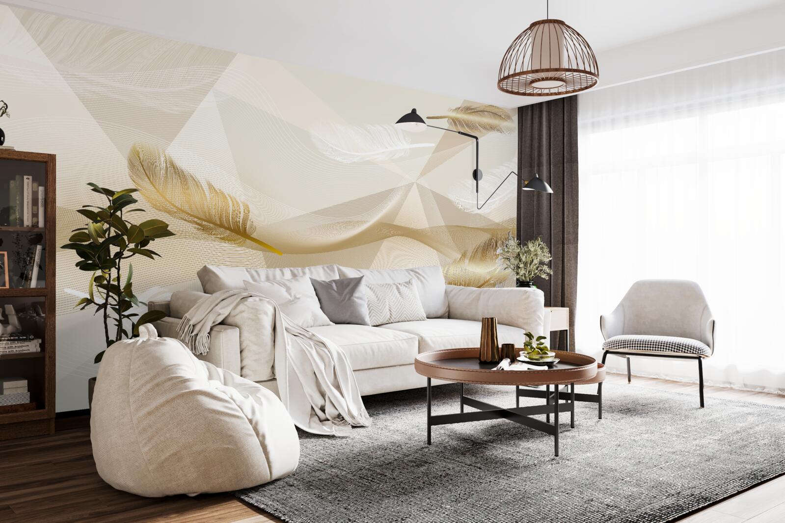 Fotobehang vliegende veren en geometrische vormen