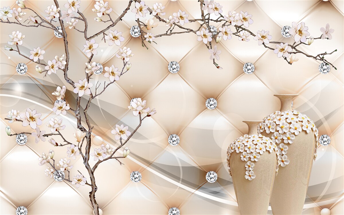 Fotobehang textuur met een tak en bloemen