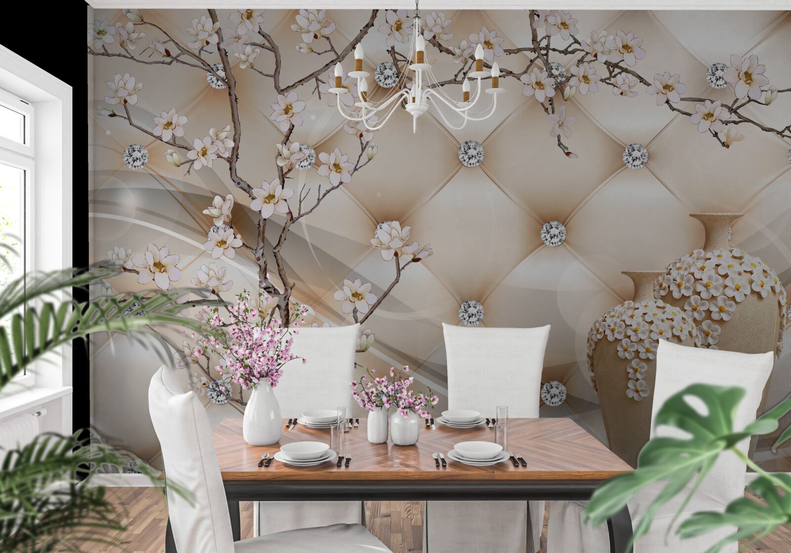 Fotobehang textuur met een tak en bloemen