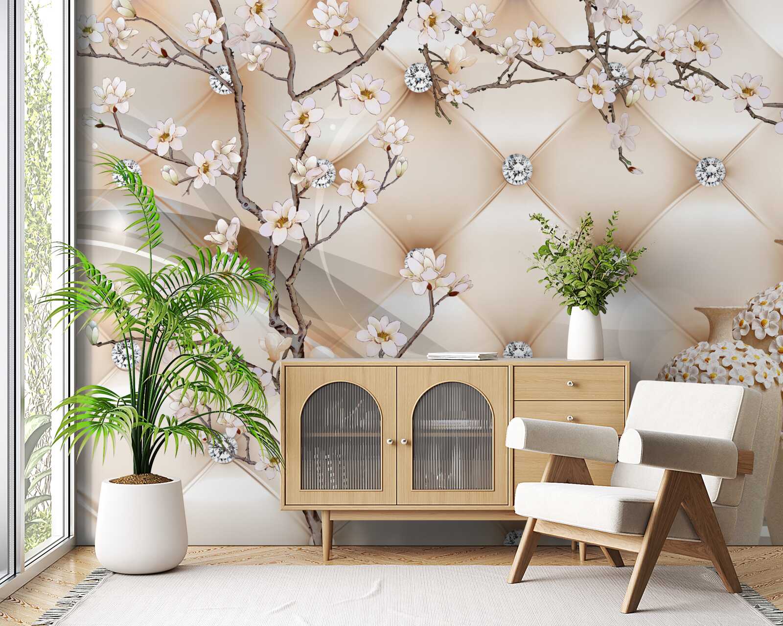 Fotobehang textuur met een tak en bloemen