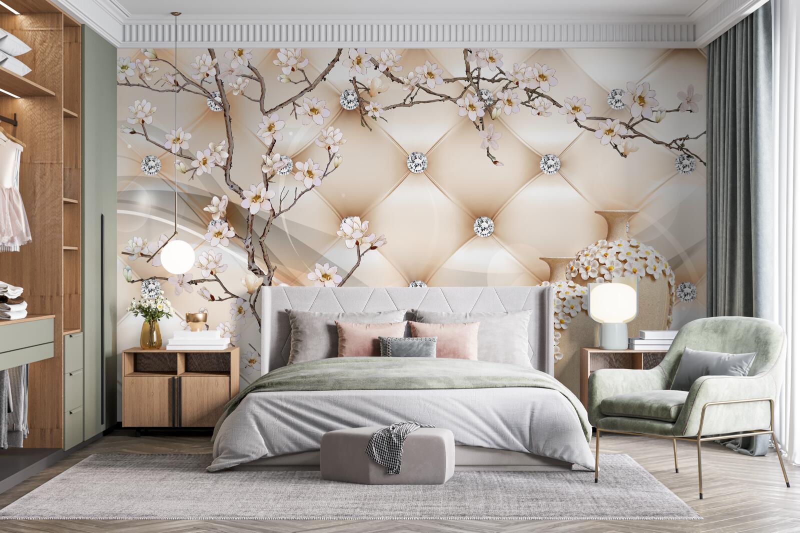 Fotobehang textuur met een tak en bloemen