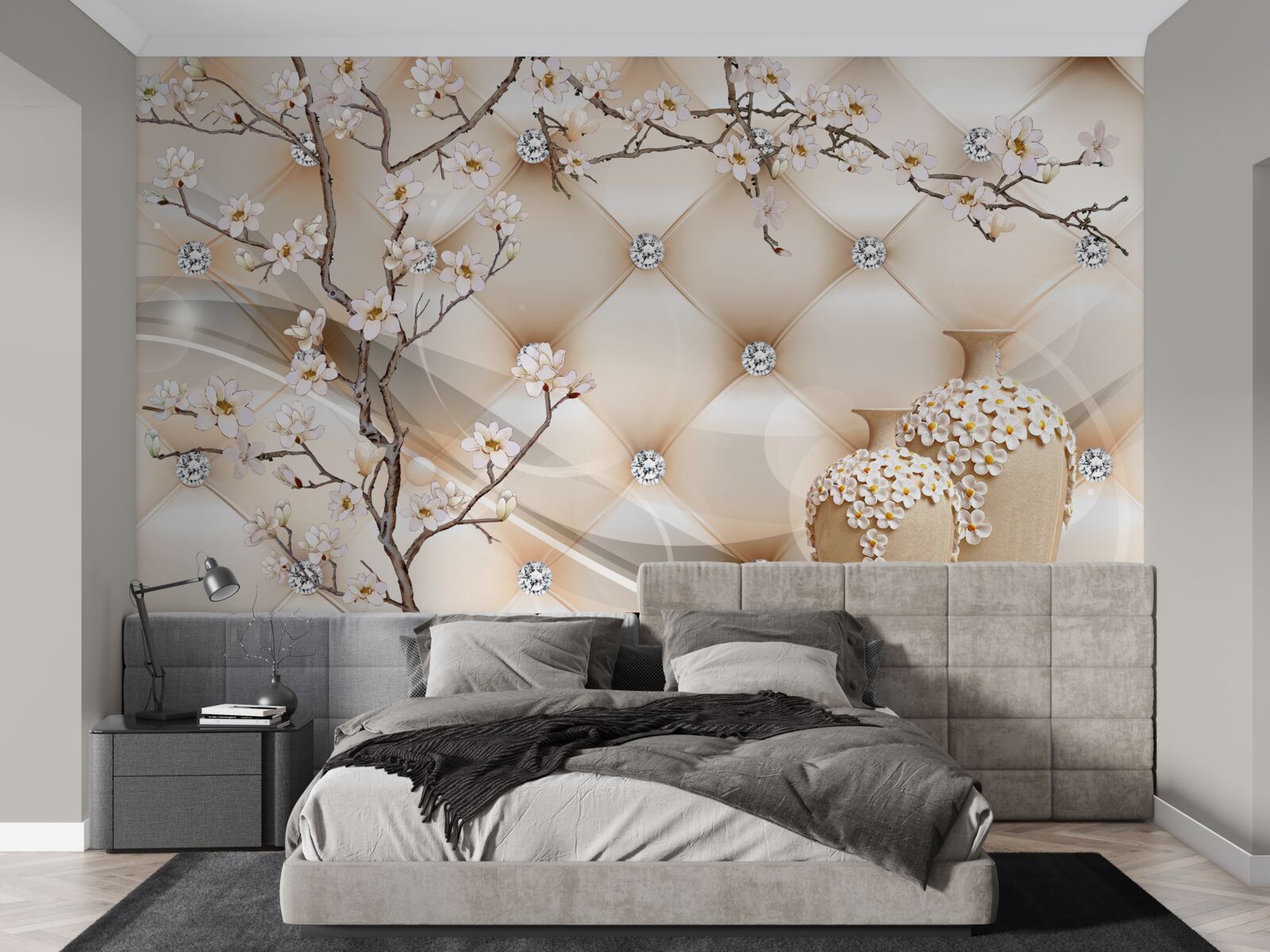 Fotobehang textuur met een tak en bloemen