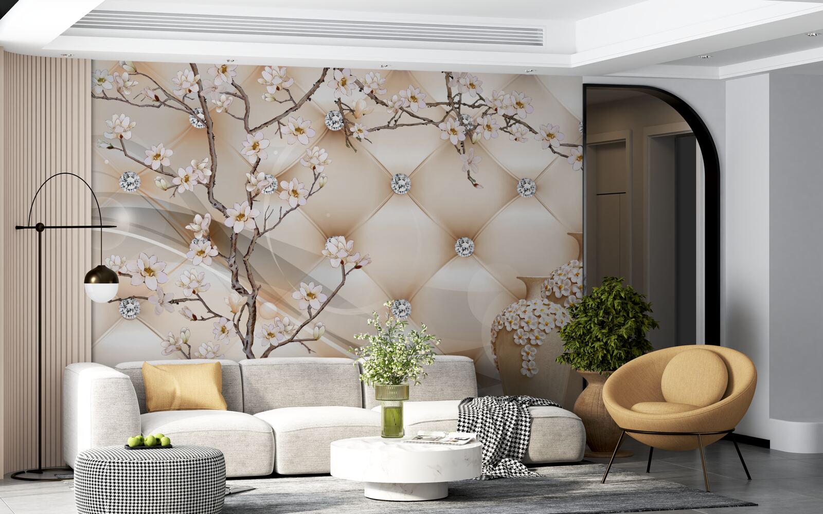 Fotobehang textuur met een tak en bloemen