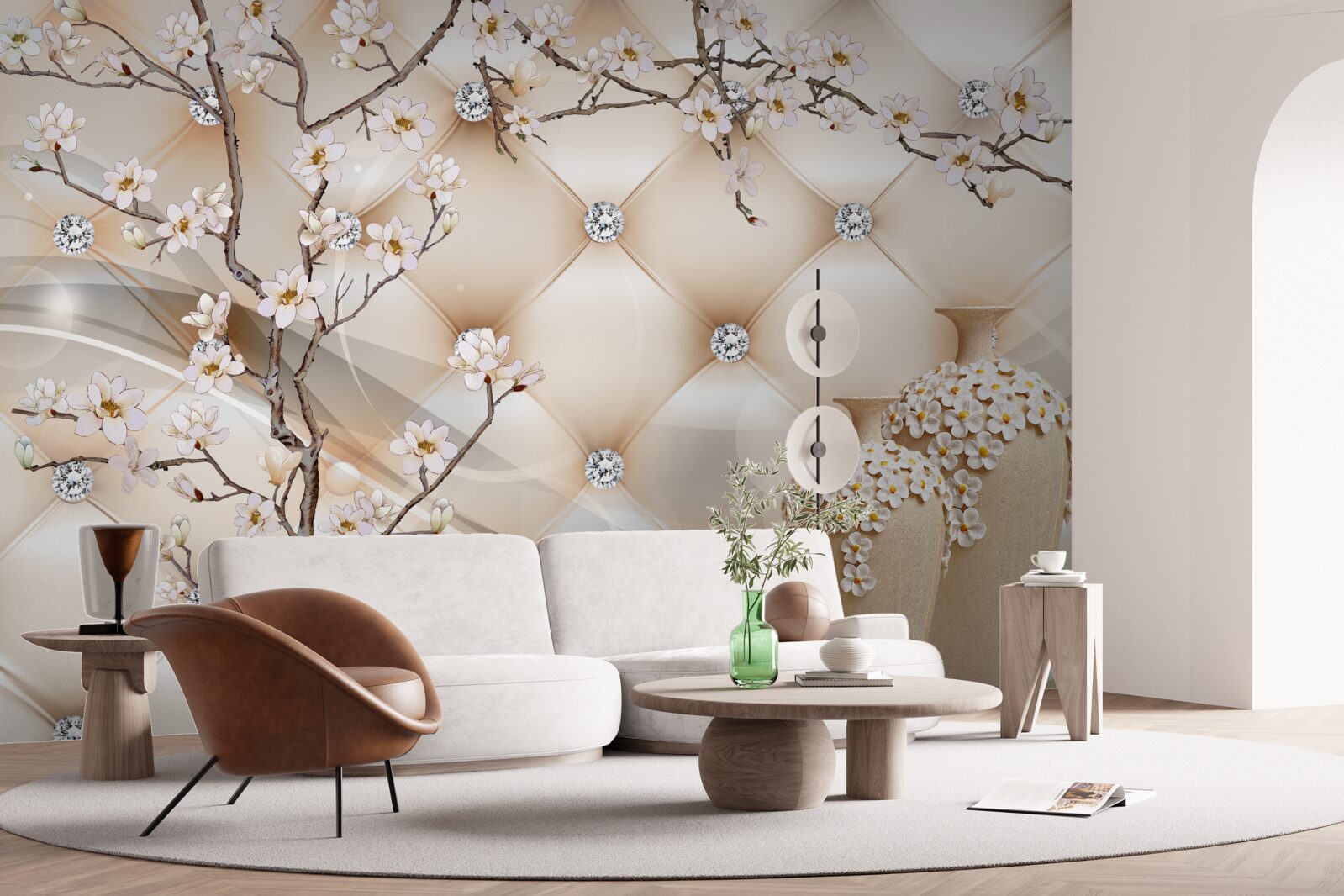 Fotobehang textuur met een tak en bloemen