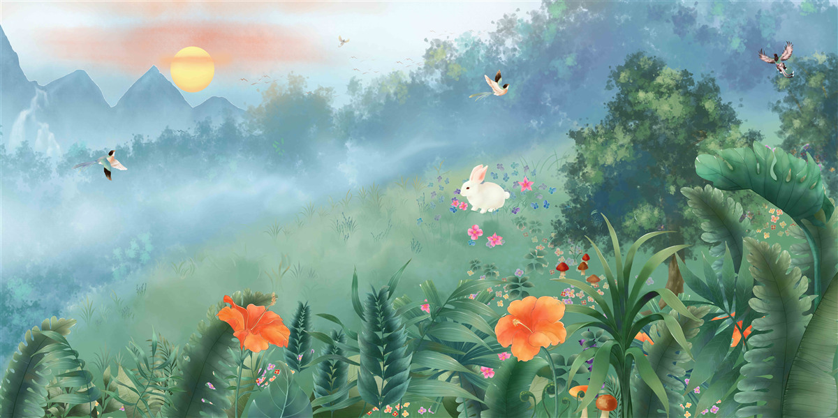 Fotobehang zonsopgang boven een bergglooiing