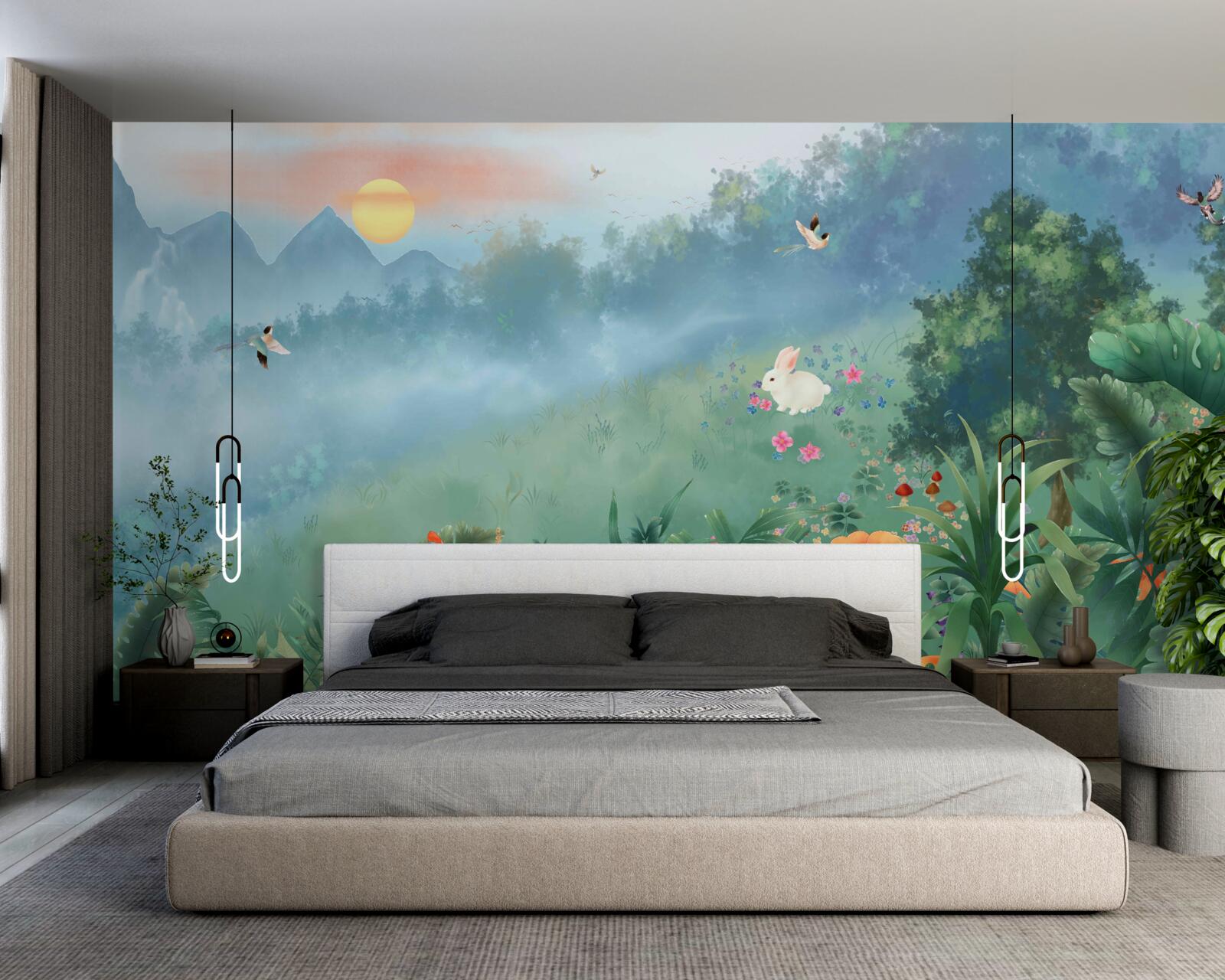 Fotobehang zonsopgang boven een bergglooiing