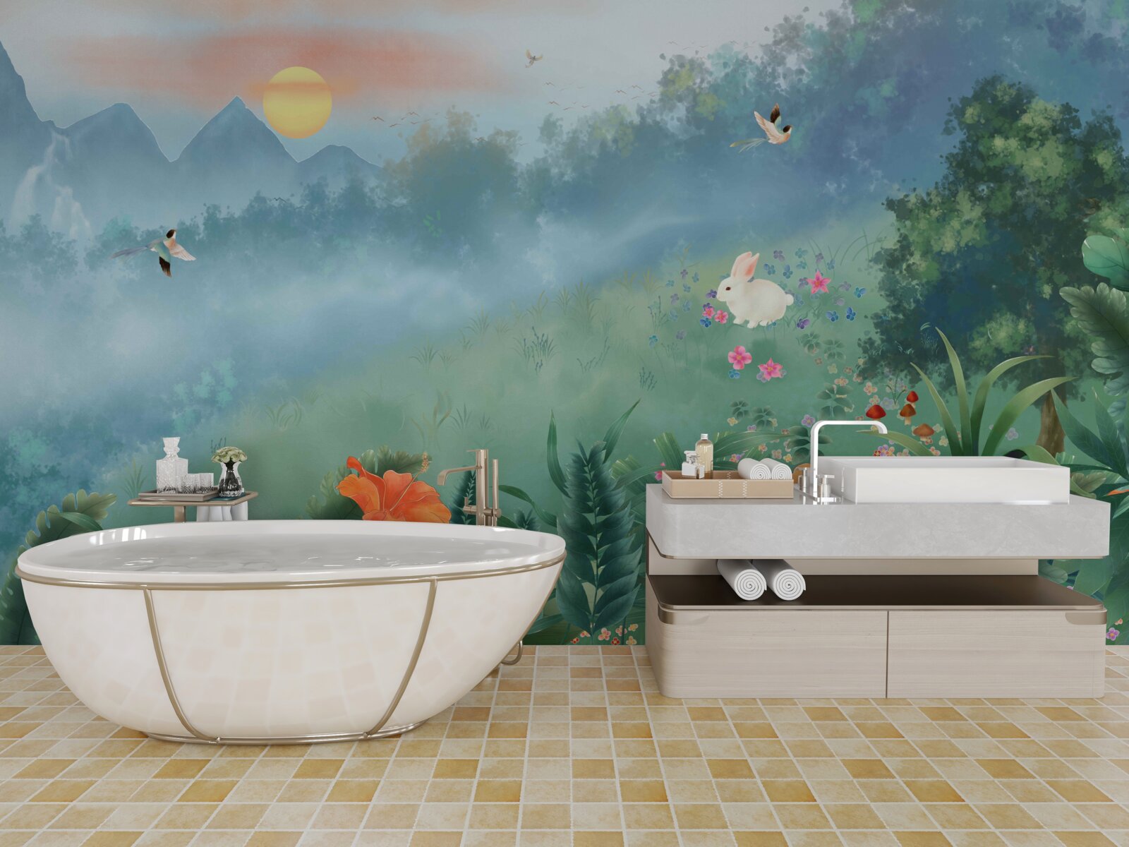 Fotobehang zonsopgang boven een bergglooiing