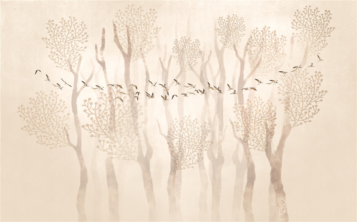 Fotobehang sierlijke bomen en een groep vogels