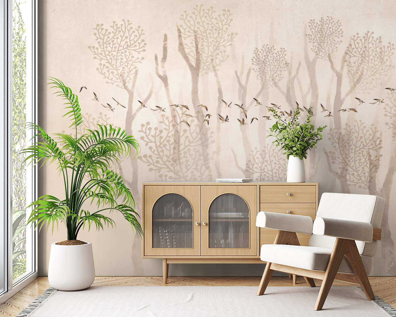 Fotobehang sierlijke bomen en een groep vogels