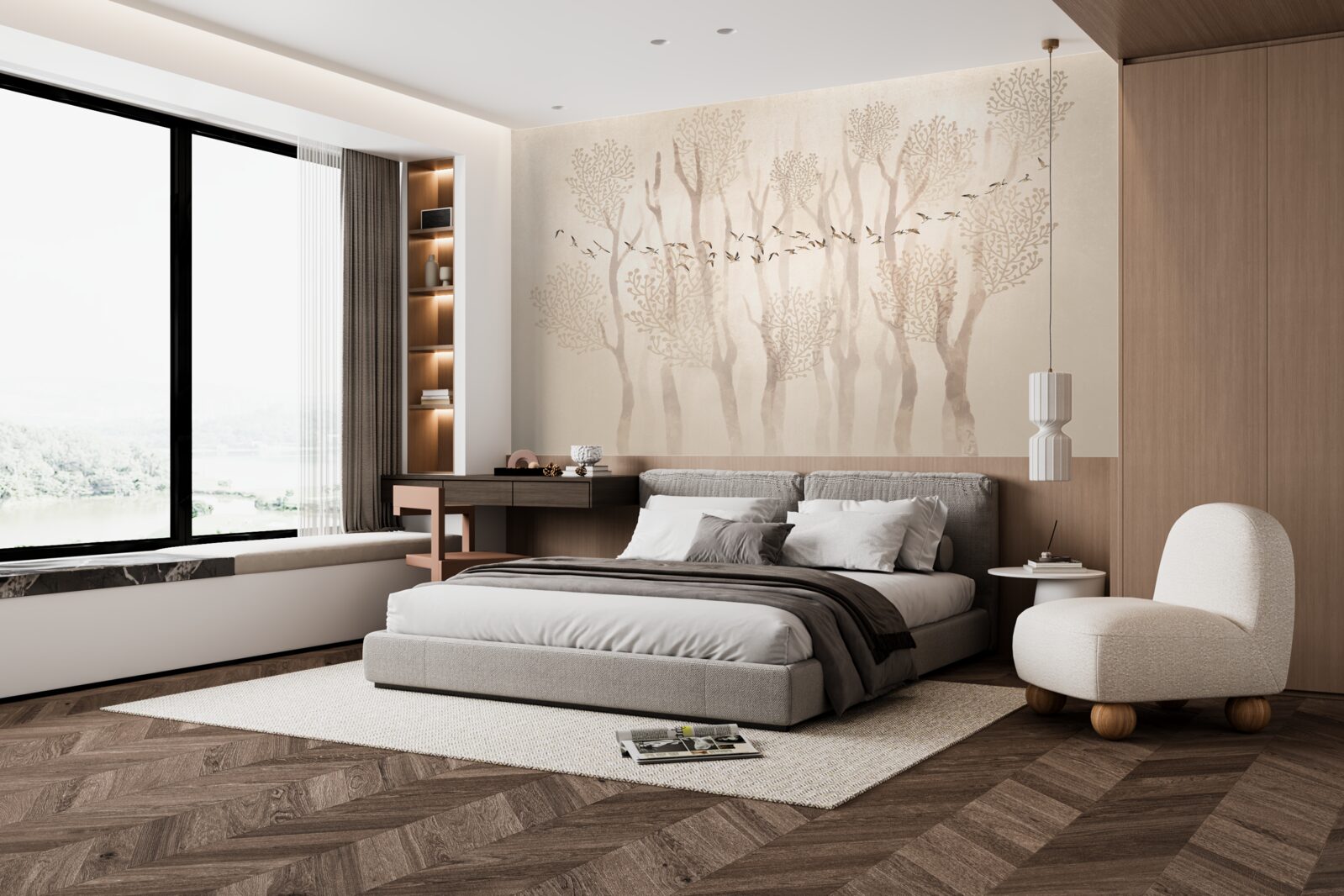 Fotobehang sierlijke bomen en een groep vogels