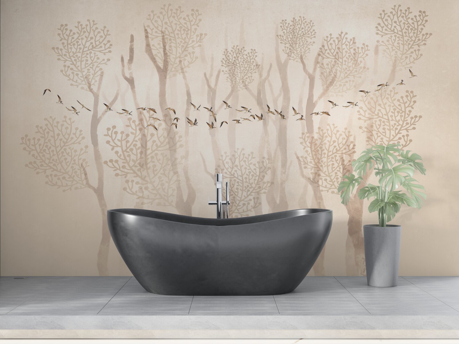 Fotobehang sierlijke bomen en een groep vogels