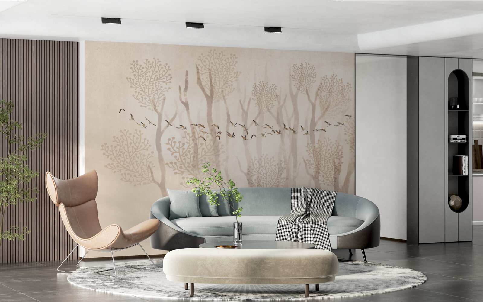 Fotobehang sierlijke bomen en een groep vogels