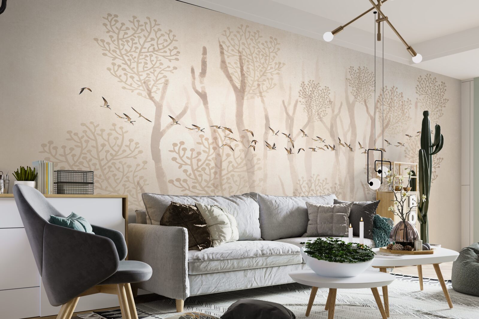 Fotobehang sierlijke bomen en een groep vogels