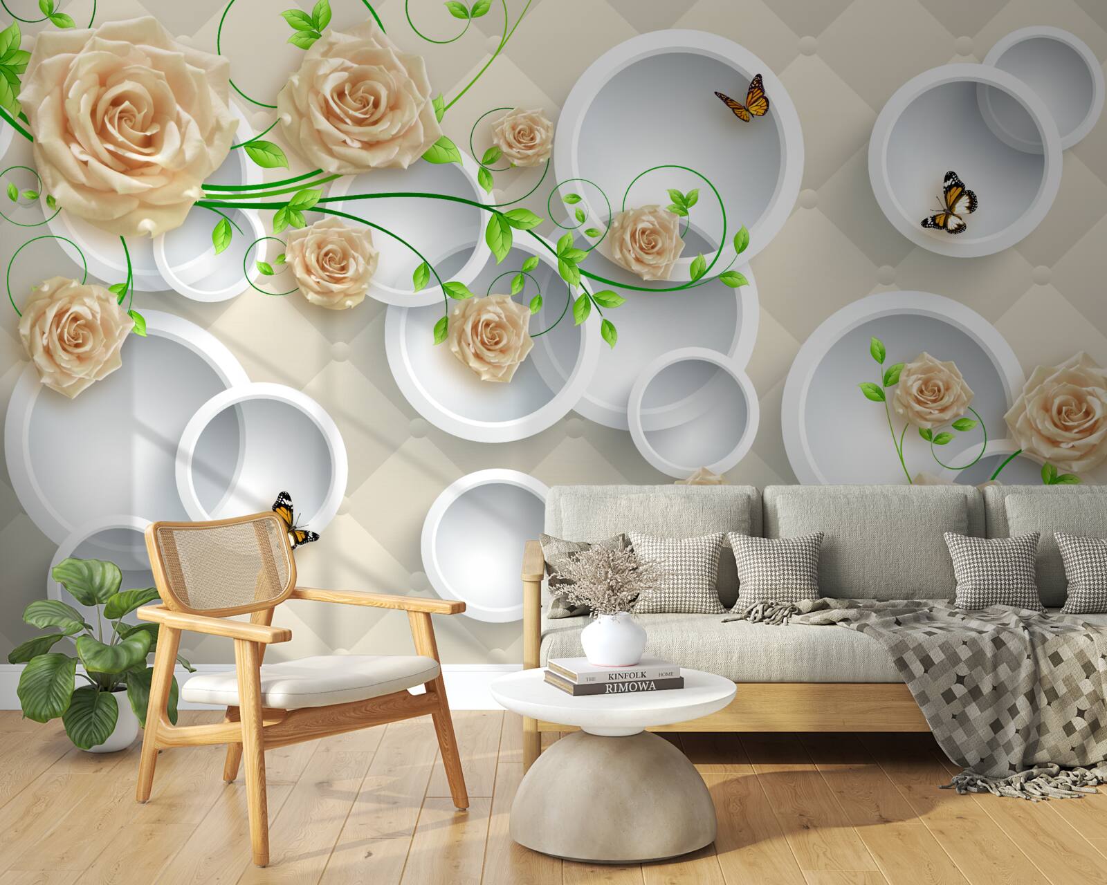 Fotobehang cirkels met rozenpatroon