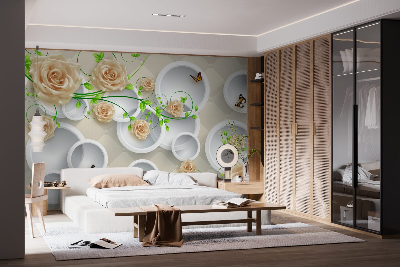 Fotobehang cirkels met rozenpatroon