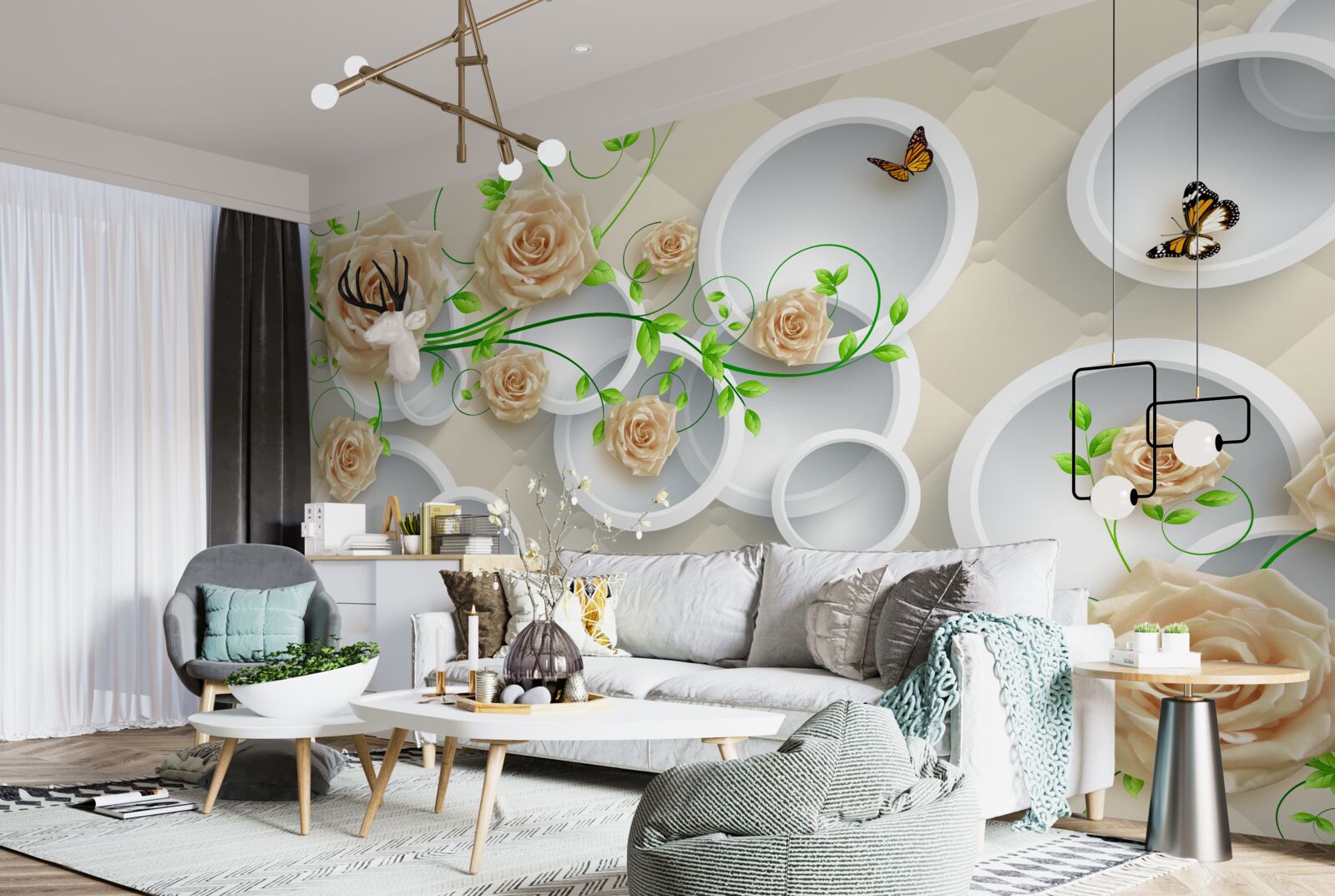 Fotobehang cirkels met rozenpatroon