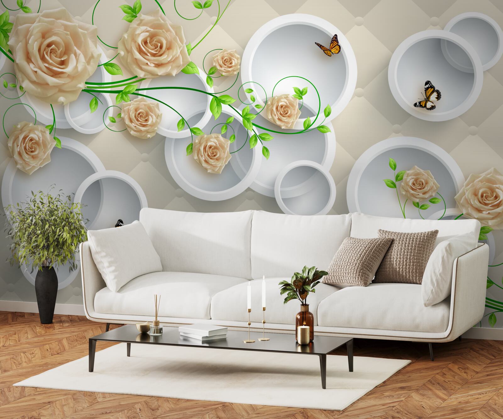 Fotobehang cirkels met rozenpatroon