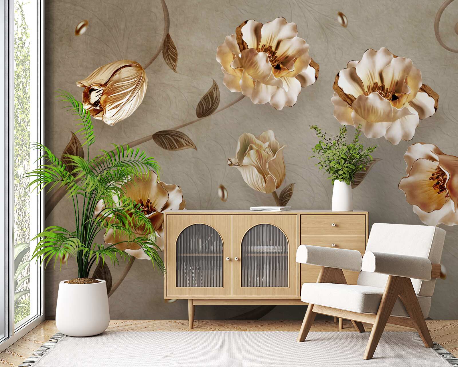 Fotobehang bloemen van goud