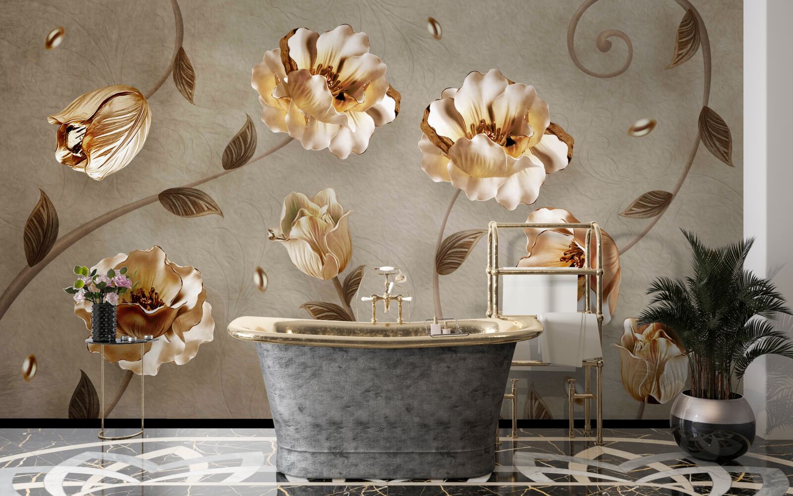 Fotobehang bloemen van goud