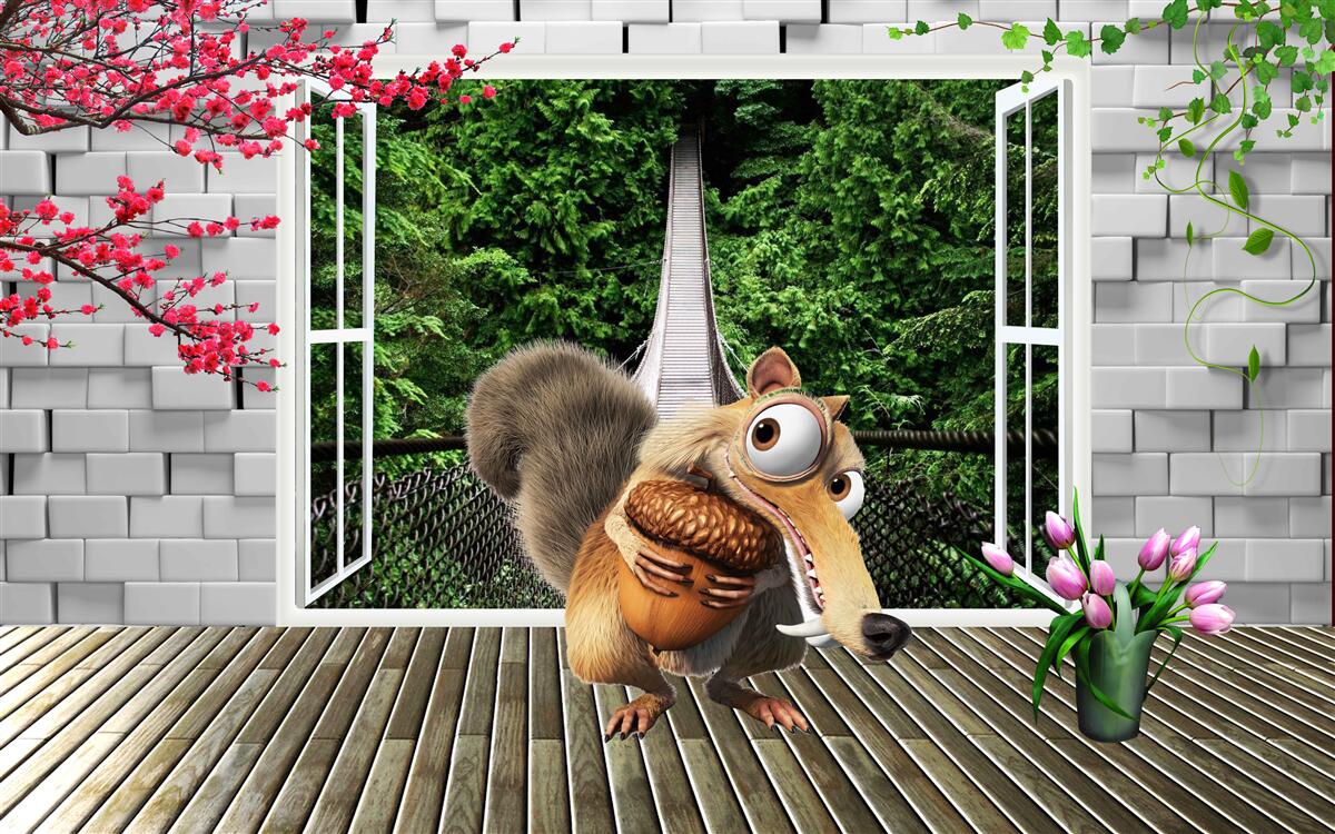 Fotobehang een getekende eekhoorn is te zien vanuit het raam