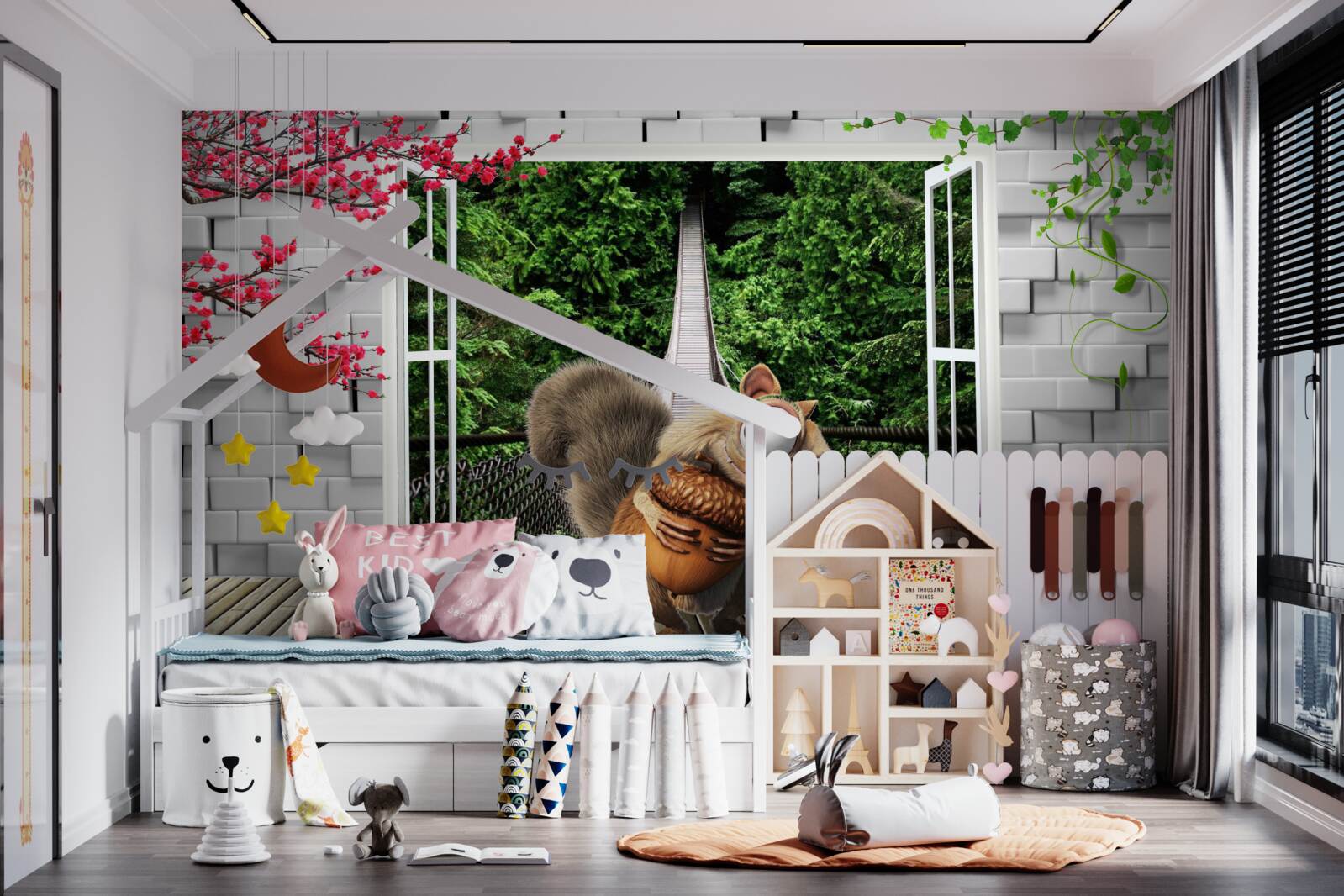 Fotobehang een getekende eekhoorn is te zien vanuit het raam