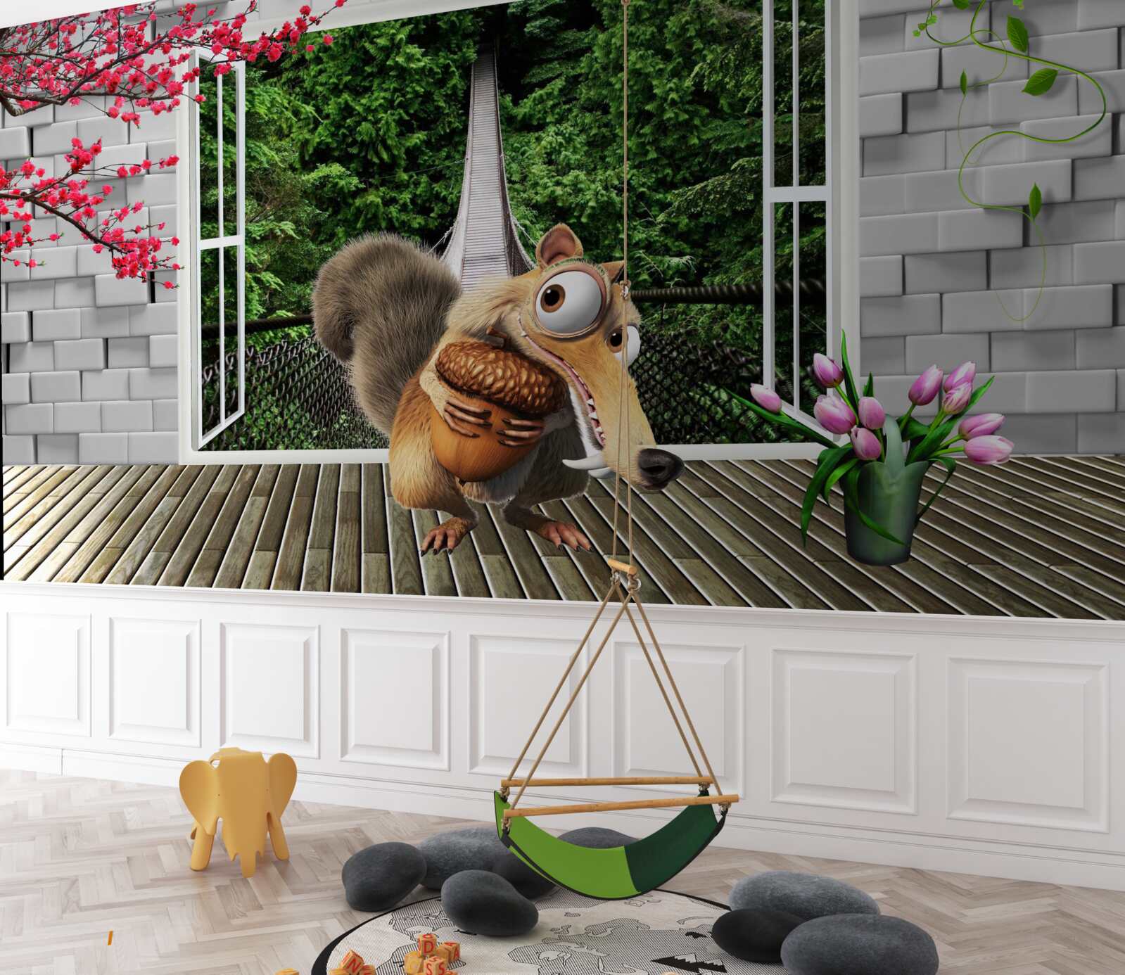 Fotobehang een getekende eekhoorn is te zien vanuit het raam
