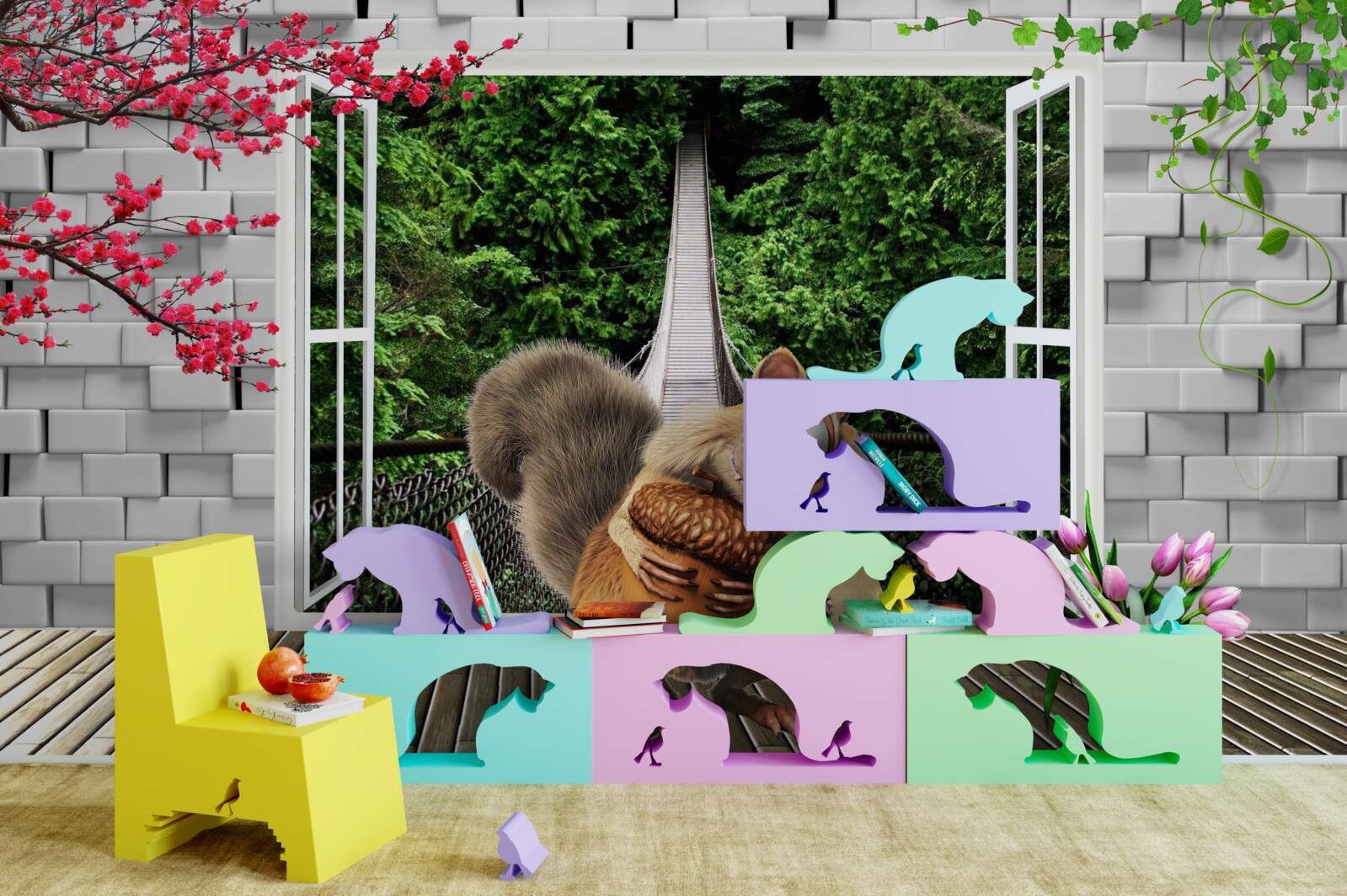 Fotobehang een getekende eekhoorn is te zien vanuit het raam