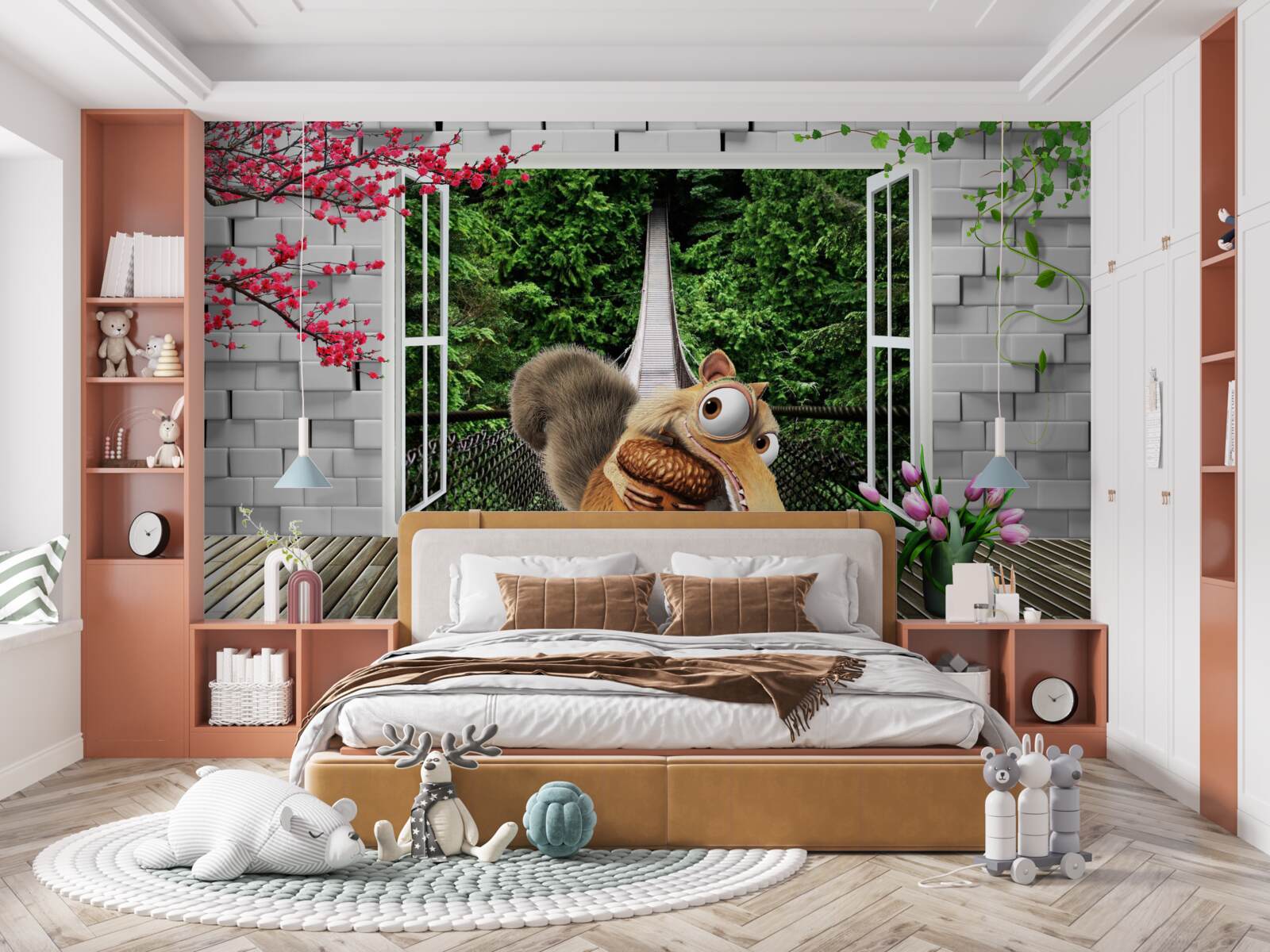 Fotobehang een getekende eekhoorn is te zien vanuit het raam