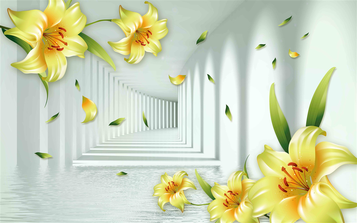 Fotobehang driedimensionale tunnel met gele lelies