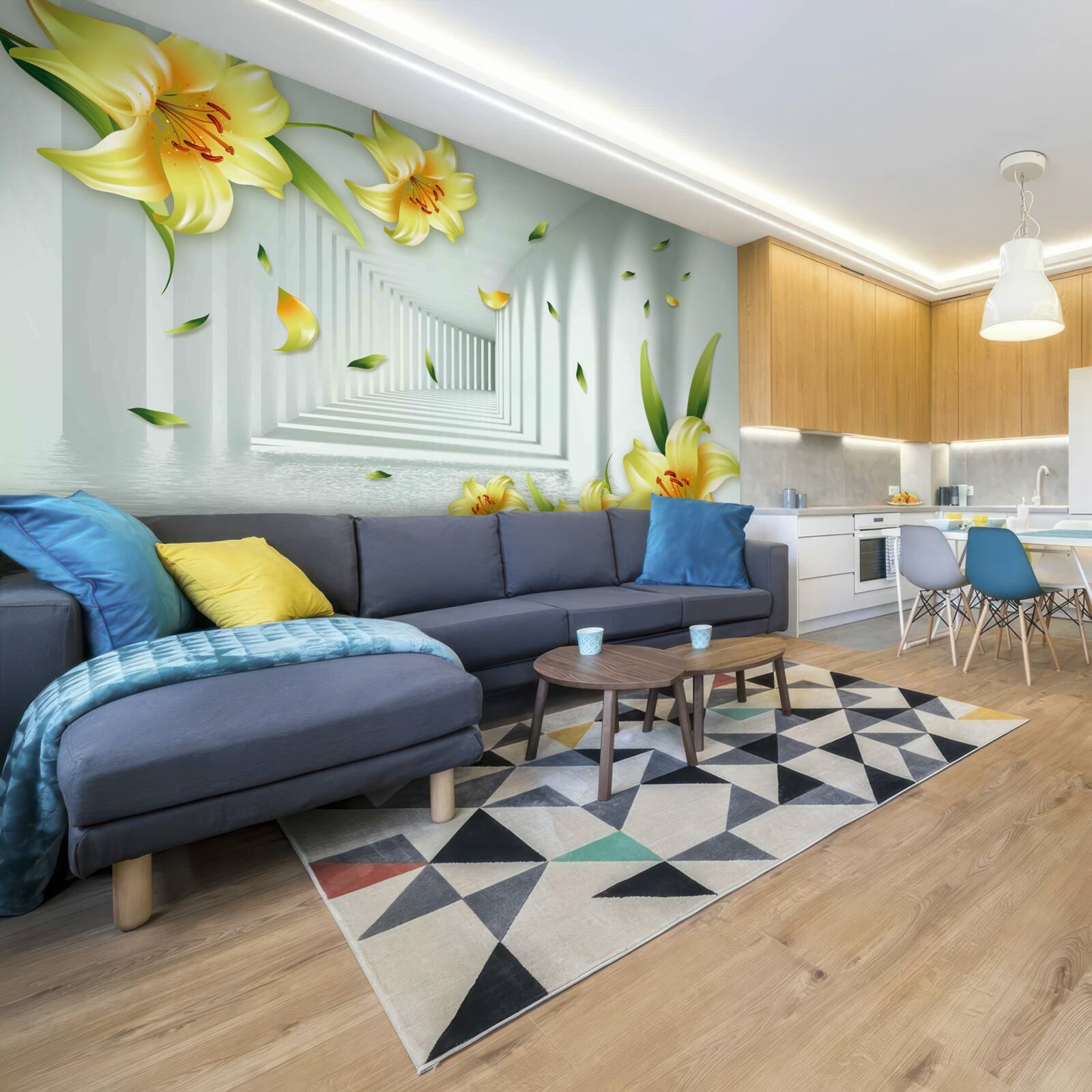 Fotobehang driedimensionale tunnel met gele lelies