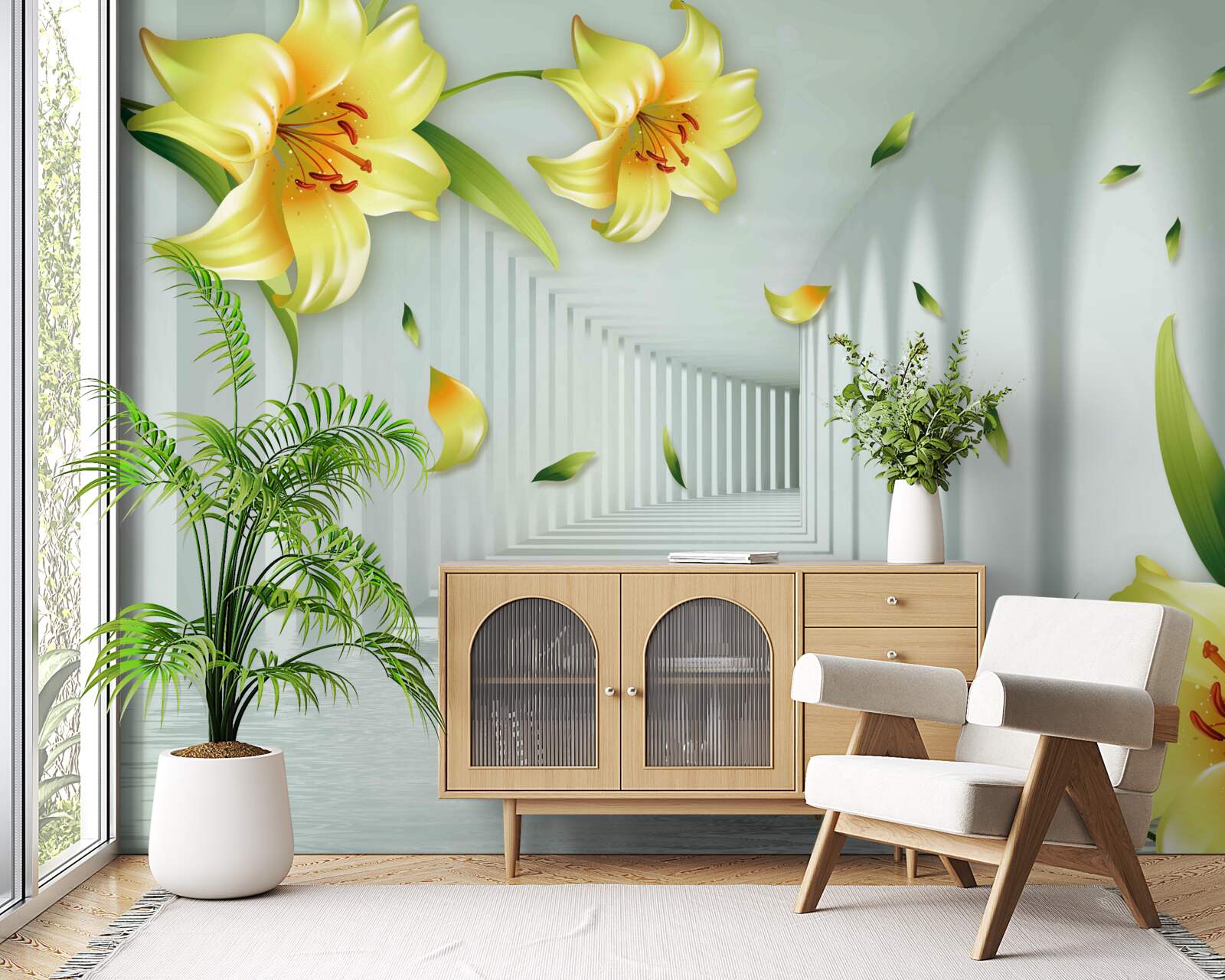 Fotobehang driedimensionale tunnel met gele lelies