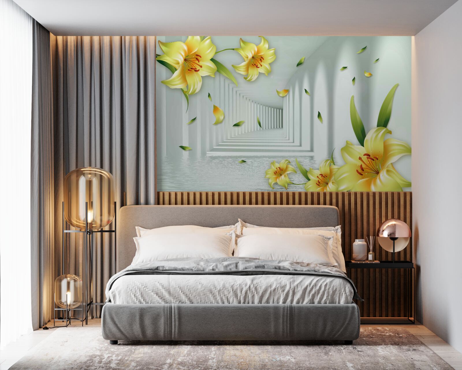 Fotobehang driedimensionale tunnel met gele lelies