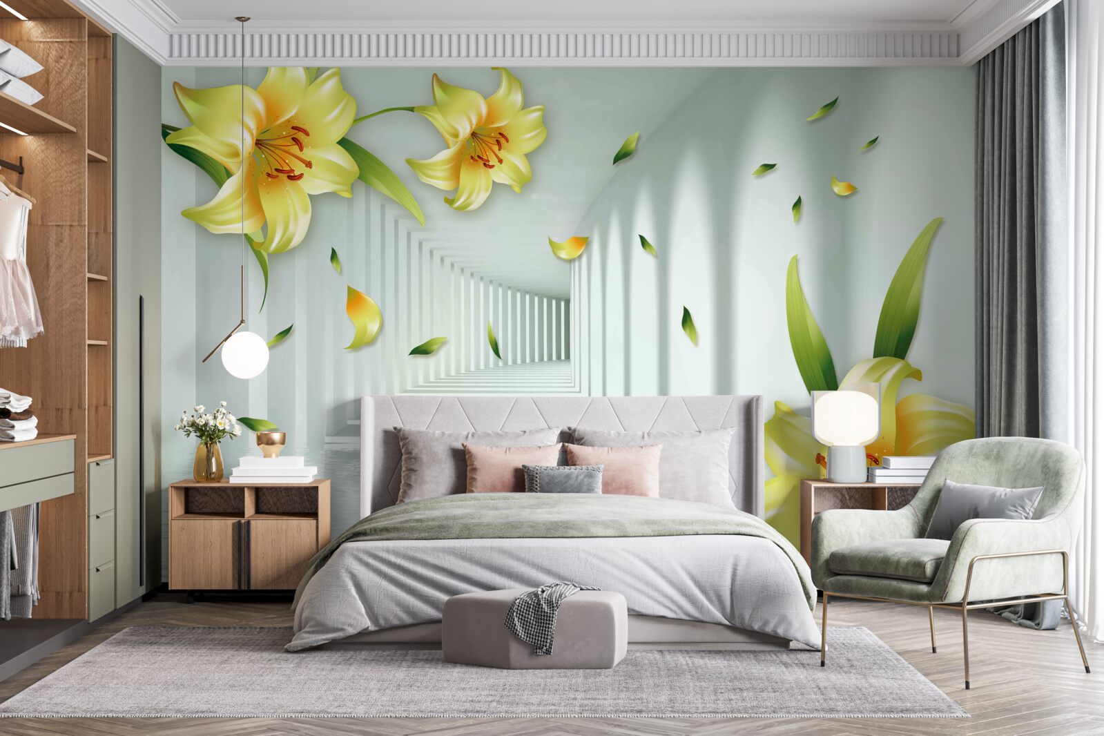 Fotobehang driedimensionale tunnel met gele lelies