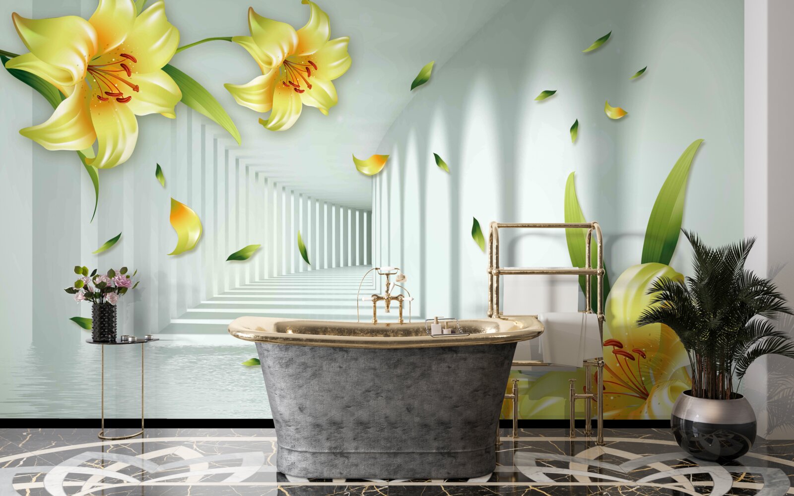 Fotobehang driedimensionale tunnel met gele lelies