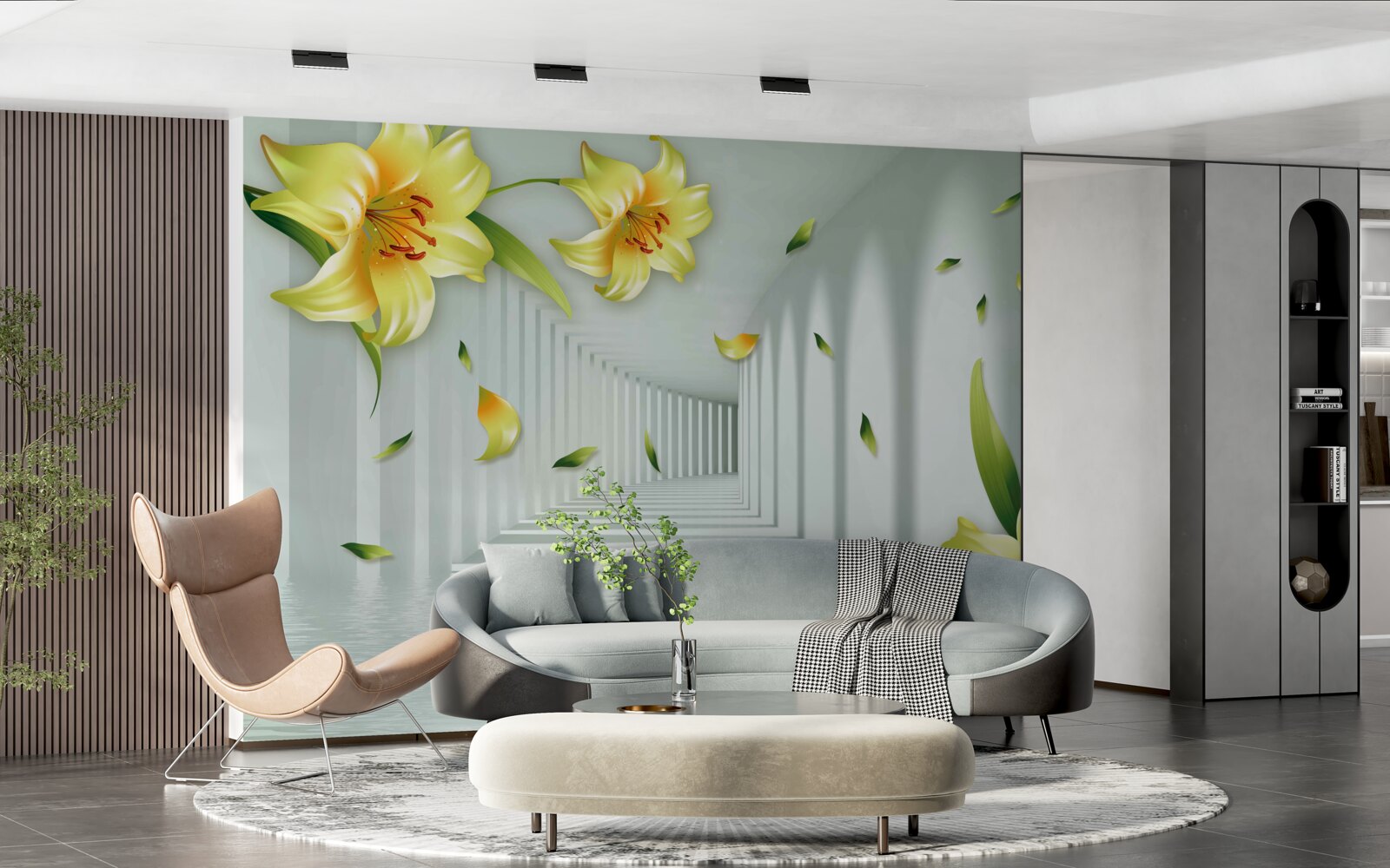 Fotobehang driedimensionale tunnel met gele lelies