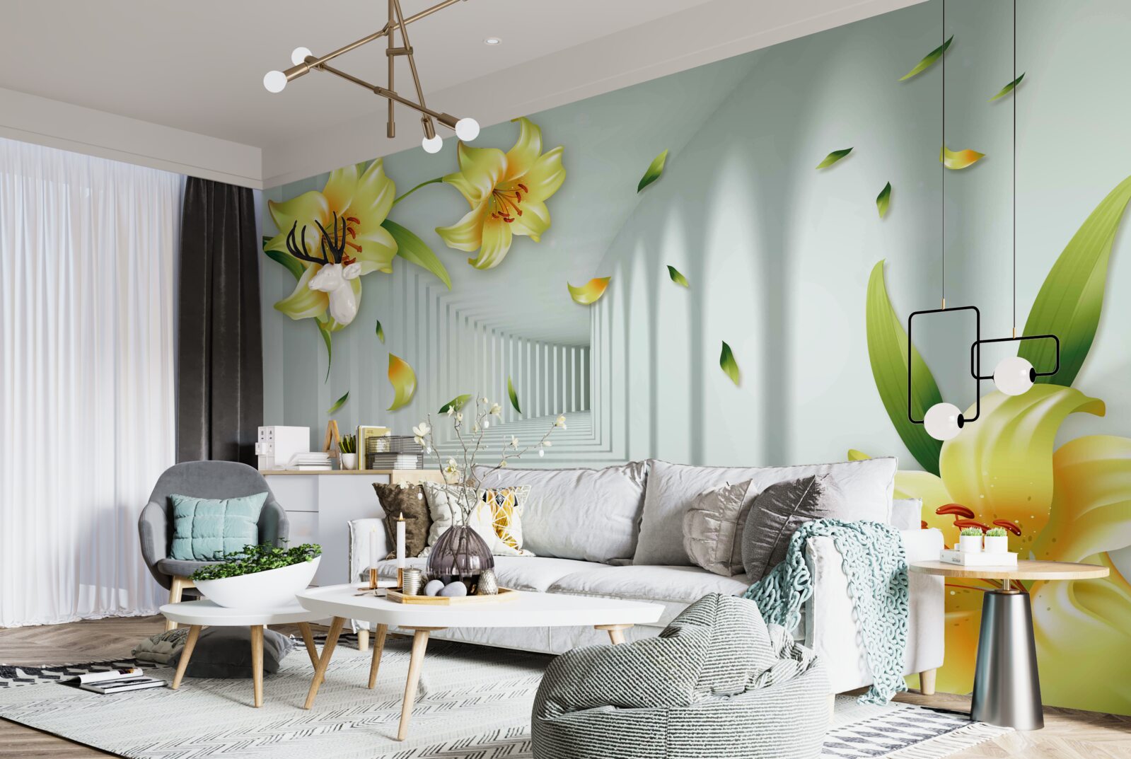 Fotobehang driedimensionale tunnel met gele lelies