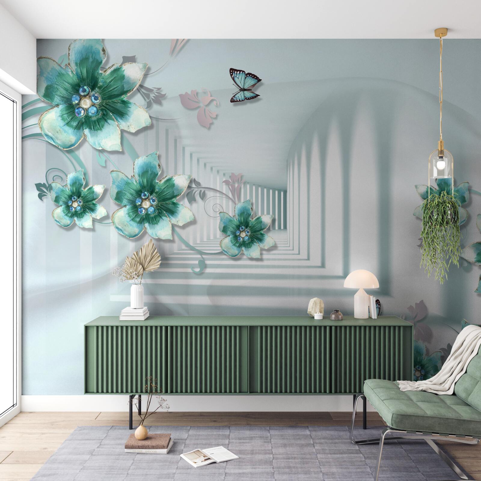 Fotobehang driedimensionale tunnel met groene vegetatie