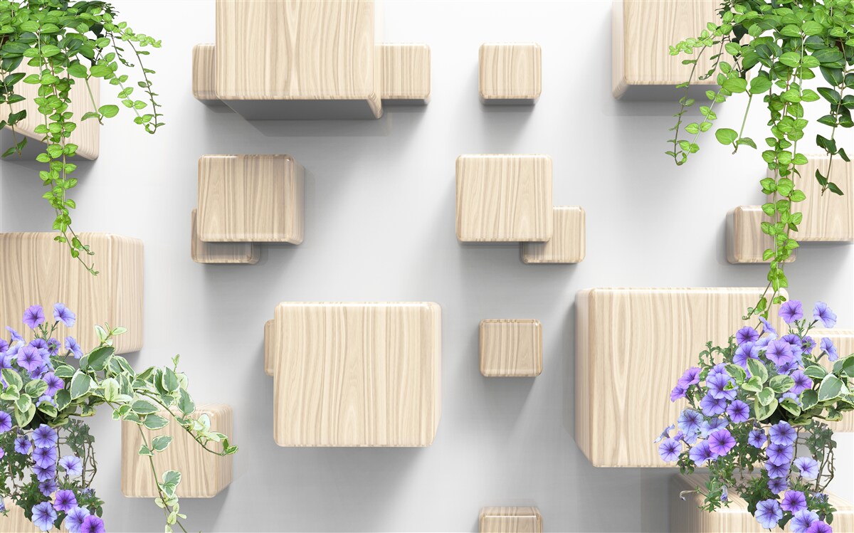 Fotobehang zwevende kubussen van hout