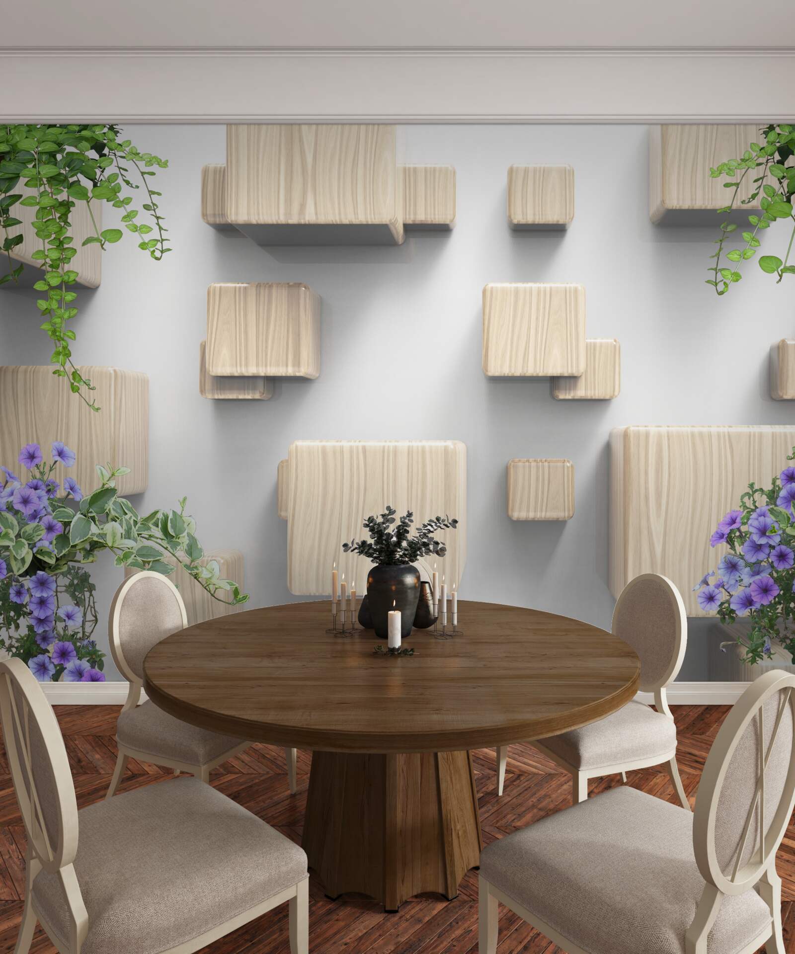 Fotobehang zwevende kubussen van hout