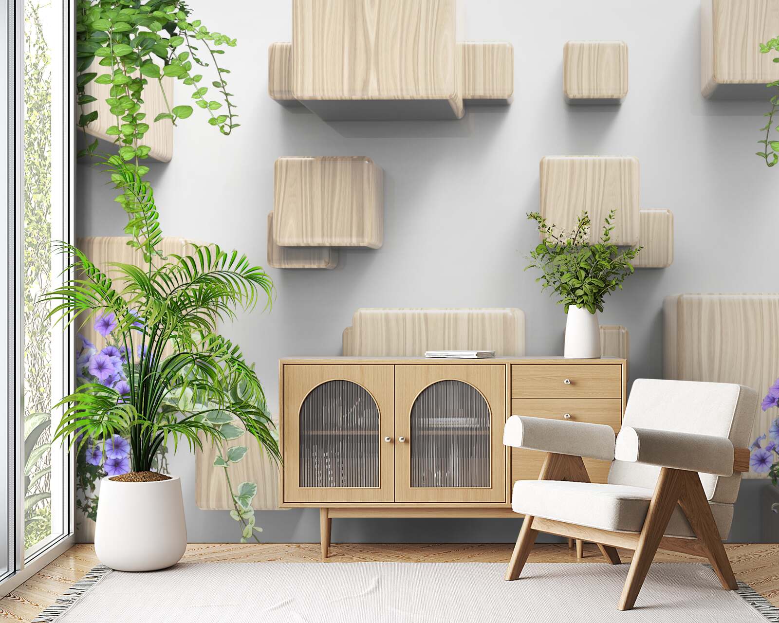 Fotobehang zwevende kubussen van hout