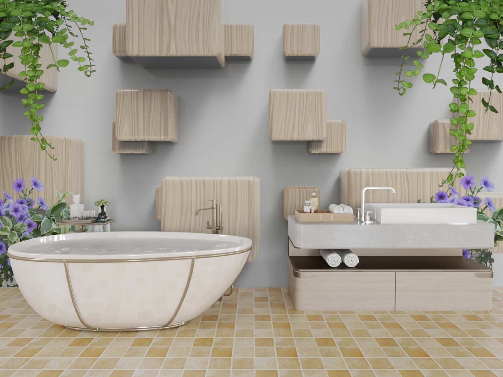 Fotobehang zwevende kubussen van hout