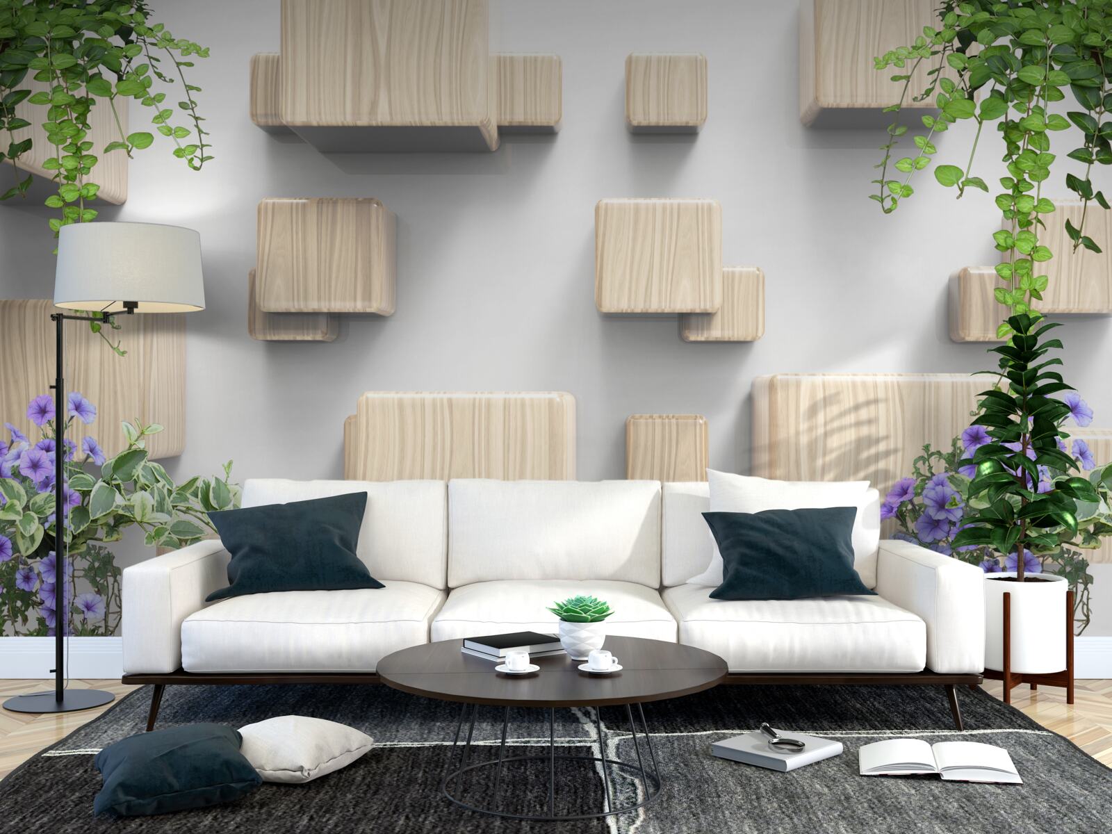 Fotobehang zwevende kubussen van hout