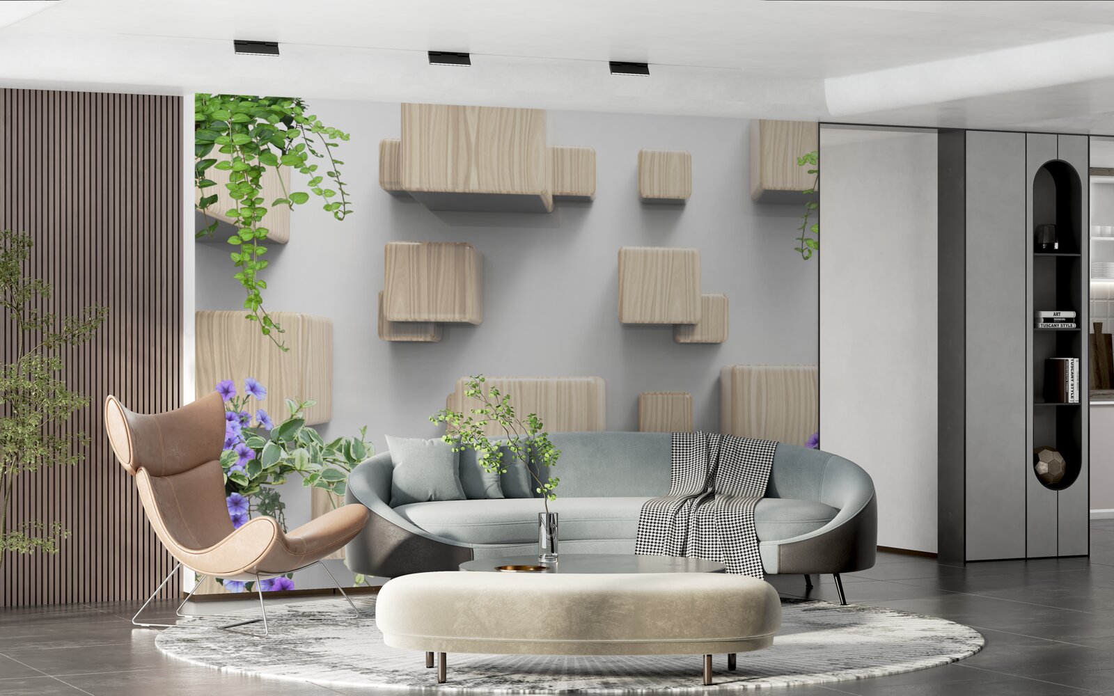 Fotobehang zwevende kubussen van hout