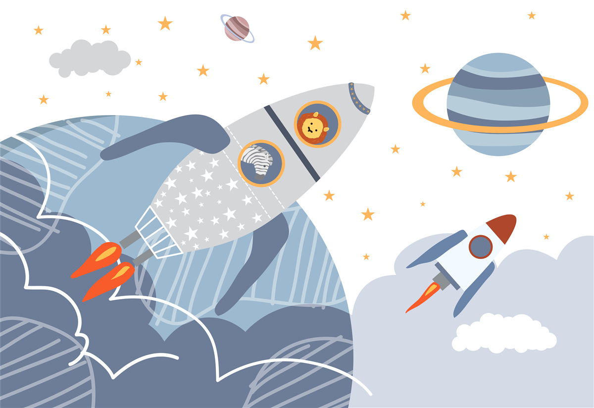 Fotobehang zebra en leeuw vliegen op een raket