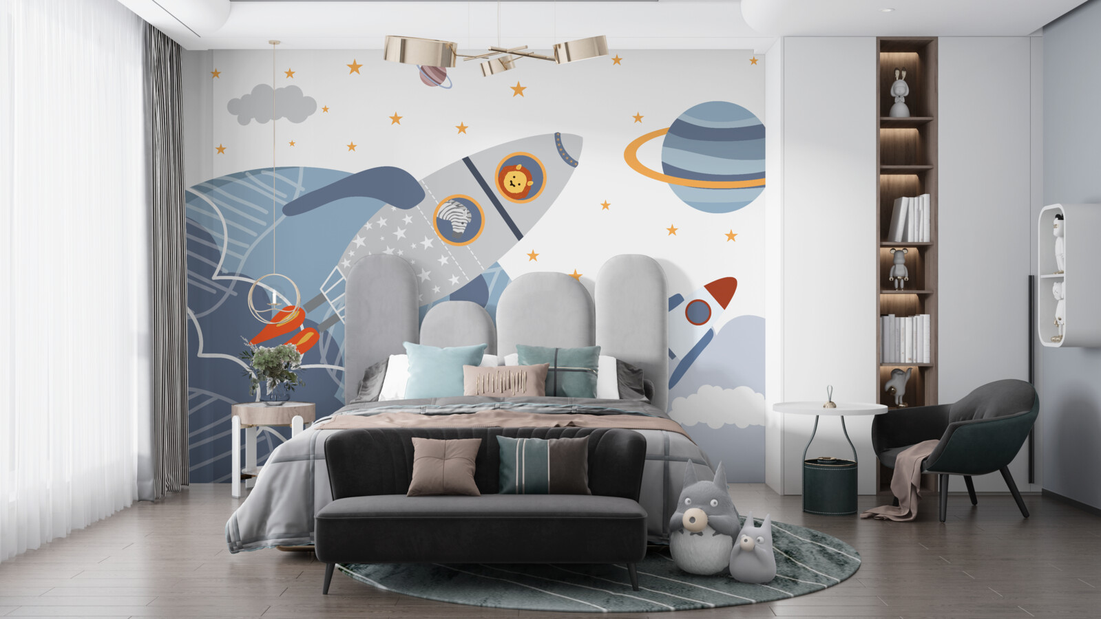 Fotobehang zebra en leeuw vliegen op een raket