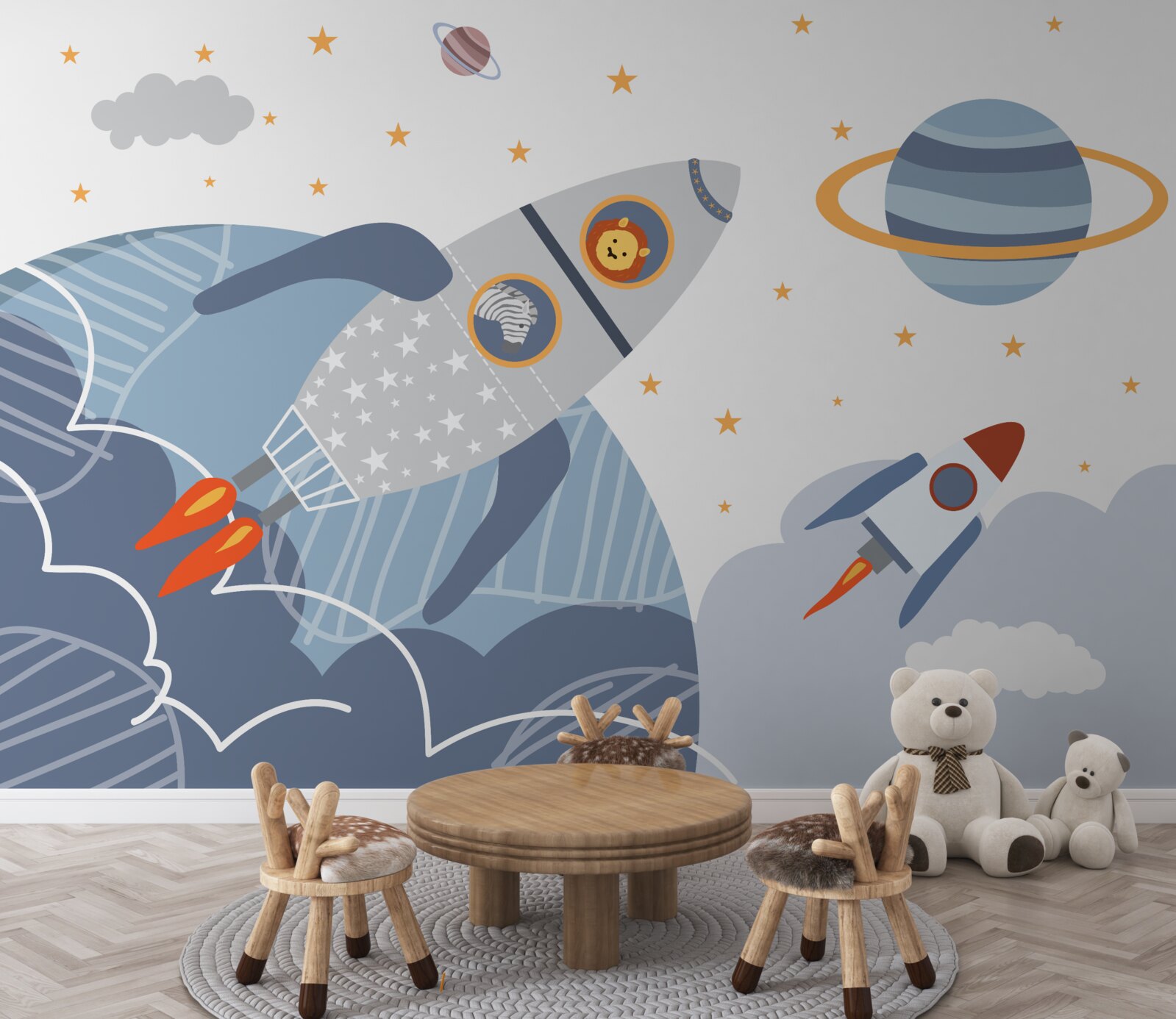 Fotobehang zebra en leeuw vliegen op een raket