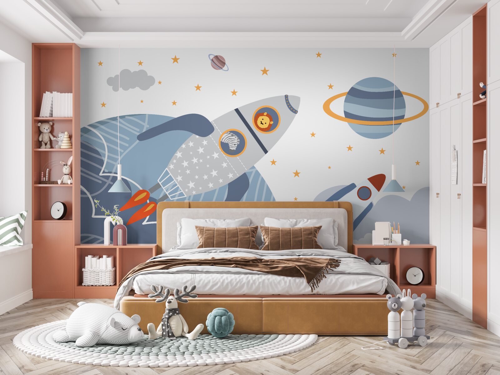 Fotobehang zebra en leeuw vliegen op een raket