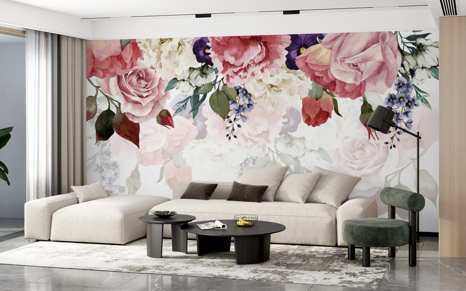 Fotobehang compositie van vallende bloemen